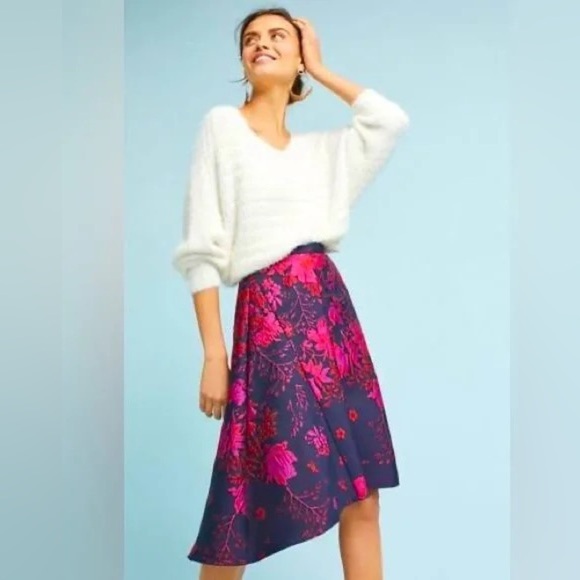Anthropologie Floral High Low Skirt in Pink and Navy - Picture 1 of 6